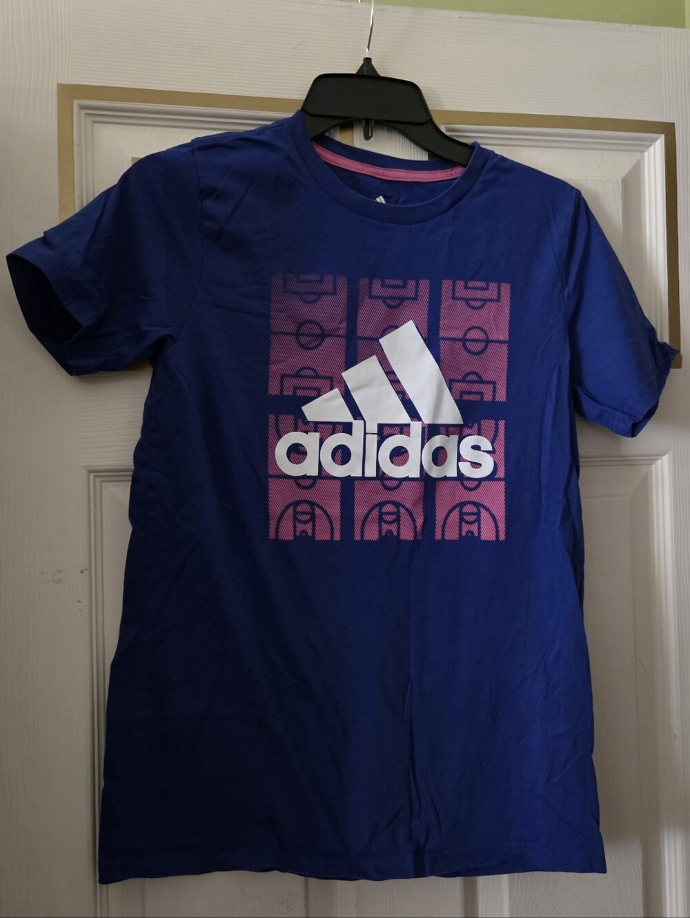 adidas Royal Blue Tee with Purple Graphic and White Logo